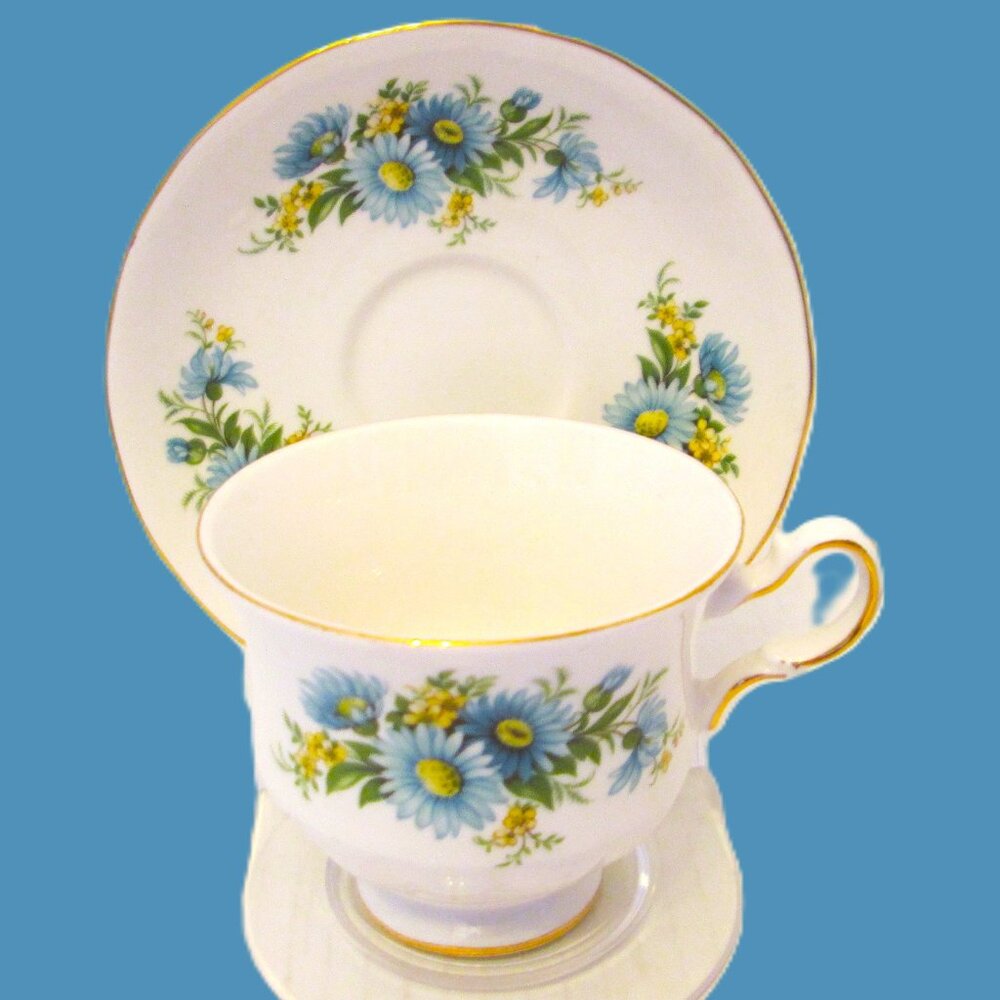 (2)Blue daisies & yellow snap dragons Queen Anne white bone china teacup & sau